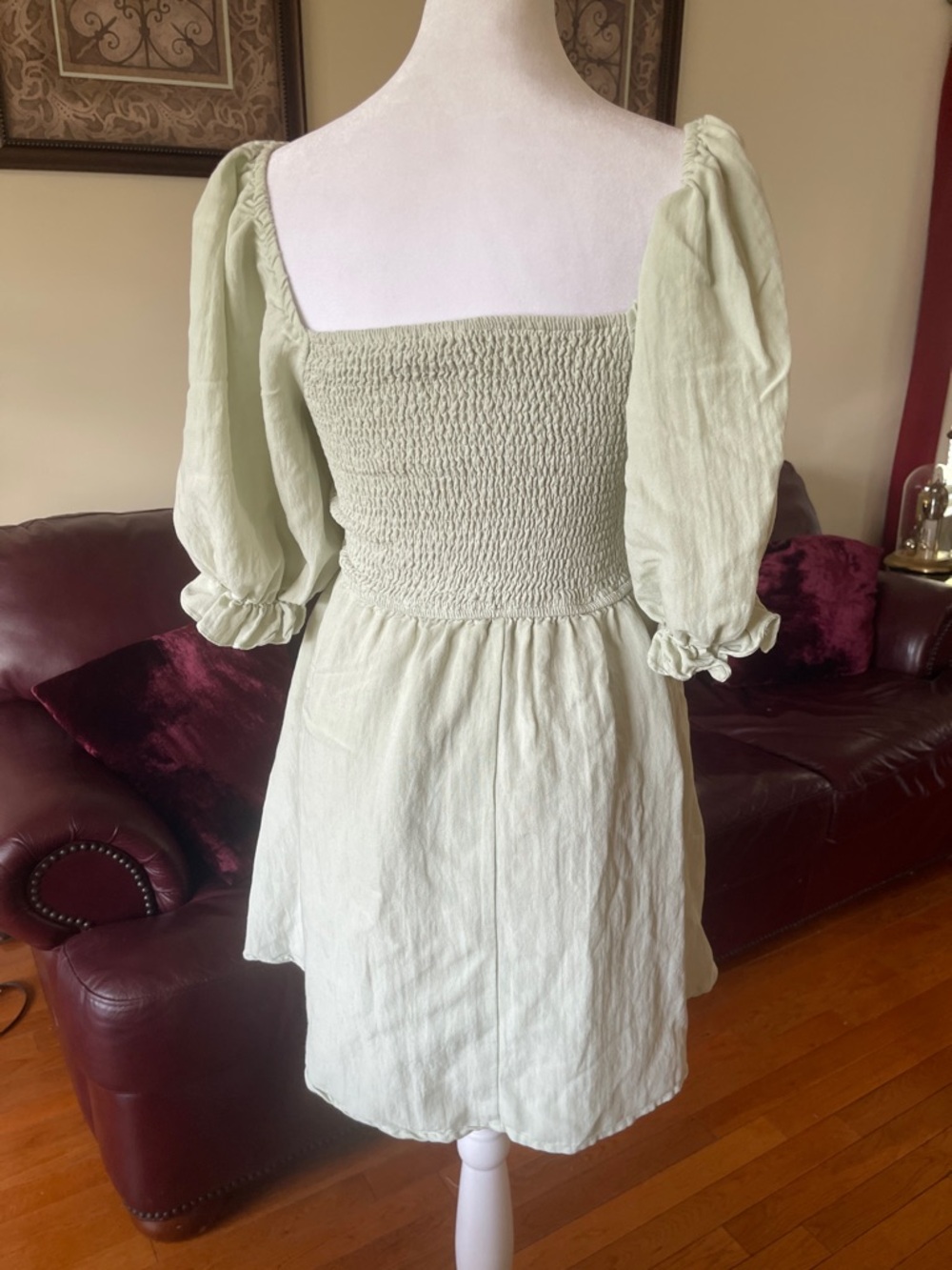 Mittoshop Light Sage Green Smocked Puff Sleeve Mini Dress Cottagecore Small - Picture 6 of 7